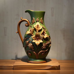 An intricately carved wooden jug in a beautiful juniper color, showcasing a traditional Iranian design featuring exquisite lilies and Majnoon motifs