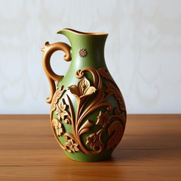 An intricately carved wooden jug in a beautiful juniper color, showcasing a traditional Iranian design featuring exquisite lilies and Majnoon motifs