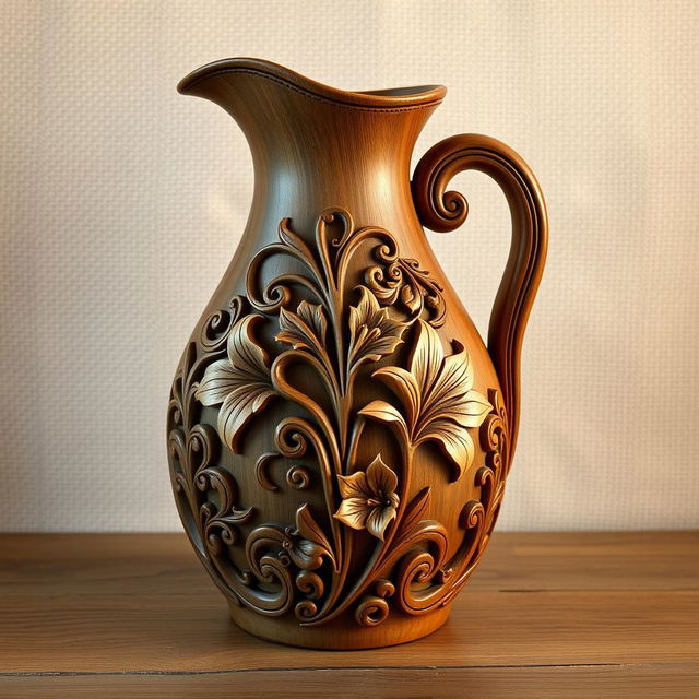 An intricately carved wooden jug in a beautiful juniper color, showcasing a traditional Iranian design featuring exquisite lilies and Majnoon motifs