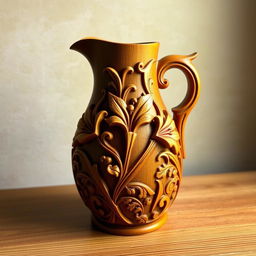 An intricately carved wooden jug in a beautiful juniper color, showcasing a traditional Iranian design featuring exquisite lilies and Majnoon motifs