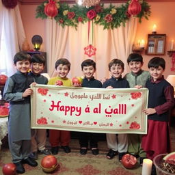 Six boys celebrating Yalda Night, holding a beautiful Persian banner that says "شب یلدا مبارک" (Happy Yalda Night)