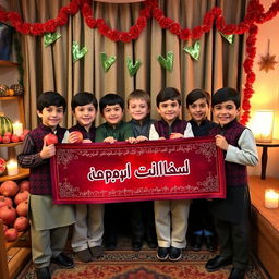 Six boys celebrating Yalda Night, holding a beautiful Persian banner that says "شب یلدا مبارک" (Happy Yalda Night)