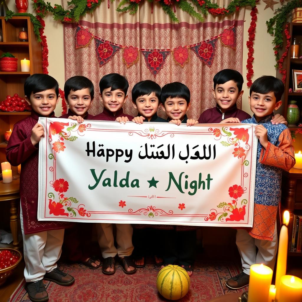 Six boys celebrating Yalda Night, holding a beautiful Persian banner that says "شب یلدا مبارک" (Happy Yalda Night)