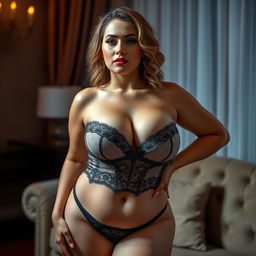 A mesmerizing woman with a curvy figure, large breasts, and wearing appealing lingerie that accentuates her ample curves