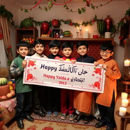 Six boys celebrating Yalda Night, holding a beautiful Persian banner that says "شب یلدا مبارک" (Happy Yalda Night)