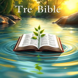 A beautifully illustrated book cover depicting an open Bible placed gently in the center of a flowing river