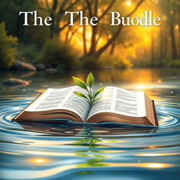 A beautifully illustrated book cover depicting an open Bible placed gently in the center of a flowing river
