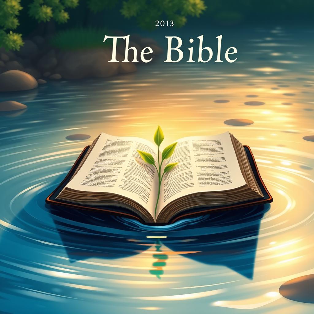 A beautifully illustrated book cover depicting an open Bible placed gently in the center of a flowing river