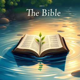 A beautifully illustrated book cover depicting an open Bible placed gently in the center of a flowing river