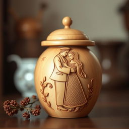 A beautifully crafted juniper wood jar featuring intricate carvings of a traditional Iranian man and woman in a loving embrace