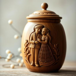 A beautifully crafted juniper wood jar featuring intricate carvings of a traditional Iranian man and woman in a loving embrace