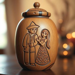 A beautifully crafted juniper wood jar featuring intricate carvings of a traditional Iranian man and woman in a loving embrace