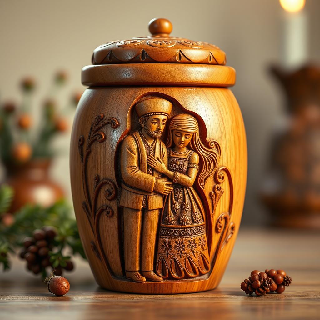 A beautifully crafted juniper wood jar featuring intricate carvings of a traditional Iranian man and woman in a loving embrace