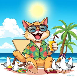 A cartoon-style illustration featuring a cat wearing oversized glasses and a colorful Hawaiian shirt, sitting on a beach chair with a cocktail in its paw, surrounded by beach toys and a palm tree in the background