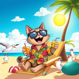 A cartoon-style illustration featuring a cat wearing oversized glasses and a colorful Hawaiian shirt, sitting on a beach chair with a cocktail in its paw, surrounded by beach toys and a palm tree in the background