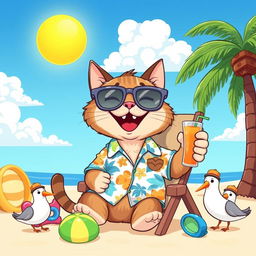 A cartoon-style illustration featuring a cat wearing oversized glasses and a colorful Hawaiian shirt, sitting on a beach chair with a cocktail in its paw, surrounded by beach toys and a palm tree in the background