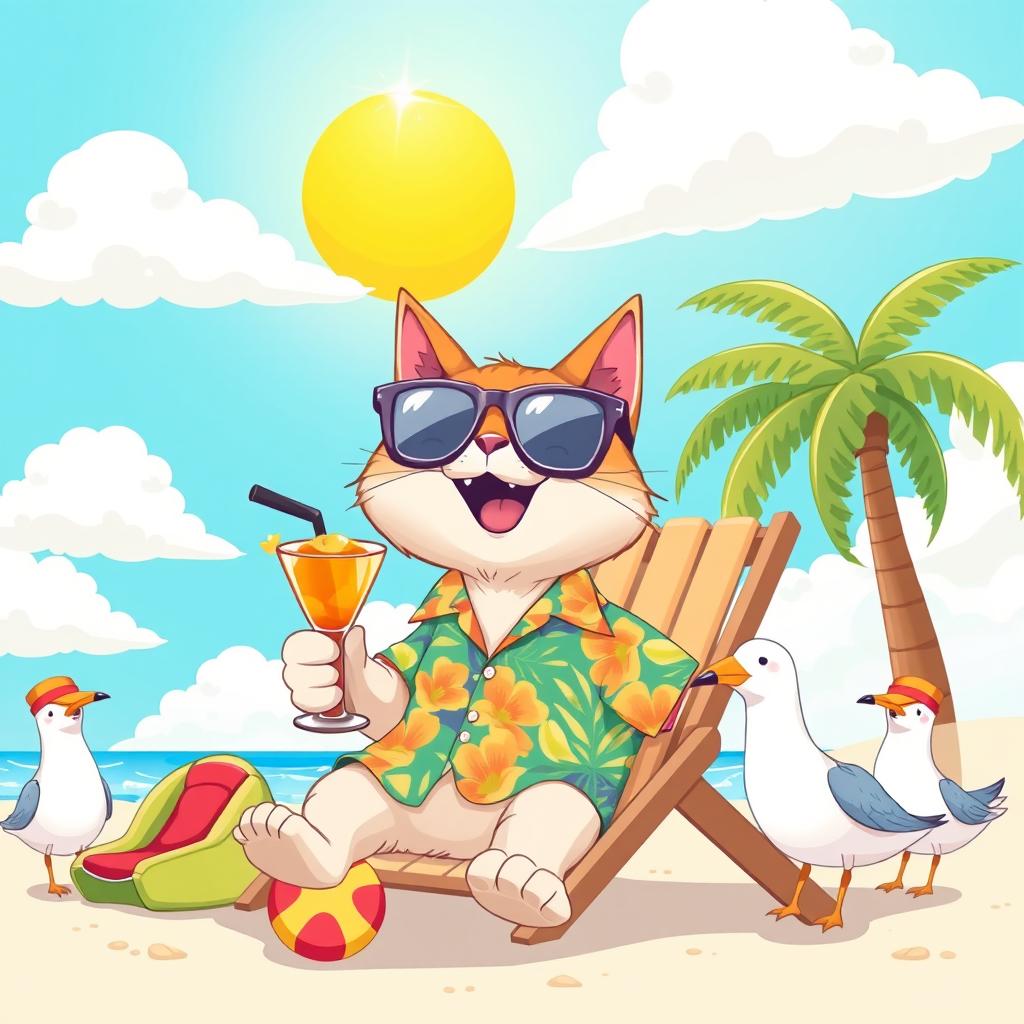 A cartoon-style illustration featuring a cat wearing oversized glasses and a colorful Hawaiian shirt, sitting on a beach chair with a cocktail in its paw, surrounded by beach toys and a palm tree in the background