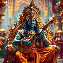 A high-quality HD image of Ravana, the king of Lanka, sitting majestically on his ornate golden throne