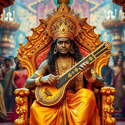 A high-quality HD image of Ravana, the king of Lanka, sitting majestically on his ornate golden throne
