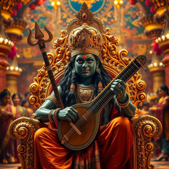 A high-quality HD image of Ravana, the king of Lanka, sitting majestically on his ornate golden throne