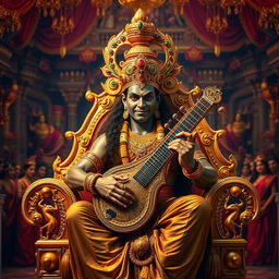 A high-quality HD image of Ravana, the king of Lanka, sitting majestically on his ornate golden throne