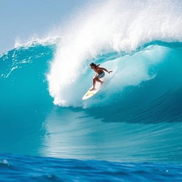 A dynamic action scene capturing a surfer riding a massive wave, showcasing their athleticism and skill