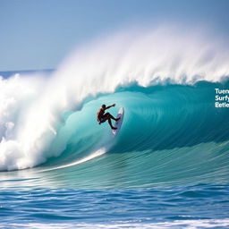 A dynamic action scene capturing a surfer riding a massive wave, showcasing their athleticism and skill