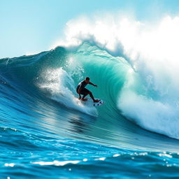 A dynamic action scene capturing a surfer riding a massive wave, showcasing their athleticism and skill
