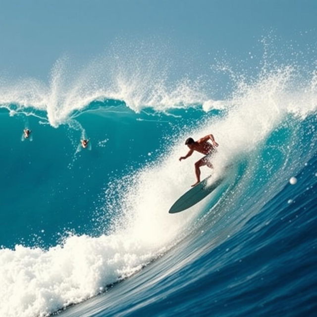 A dynamic action scene capturing a surfer riding a massive wave, showcasing their athleticism and skill