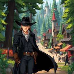 An anime-style illustration of a western bounty hunter confidently walking into a vibrant Dungeons & Dragons town nestled within a lush forest
