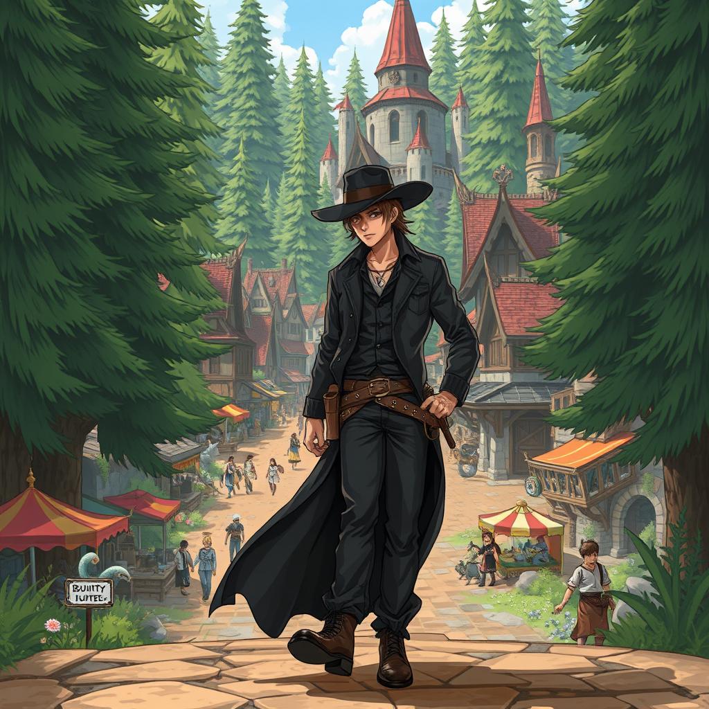 An anime-style illustration of a western bounty hunter confidently walking into a vibrant Dungeons & Dragons town nestled within a lush forest