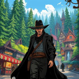 An anime-style illustration of a western bounty hunter confidently walking into a vibrant Dungeons & Dragons town nestled within a lush forest