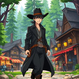 An anime-style illustration of a western bounty hunter confidently walking into a vibrant Dungeons & Dragons town nestled within a lush forest