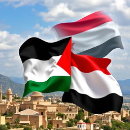 A beautiful and vibrant depiction of the flags of Palestine and Yemen, artfully blended together in a harmonious design