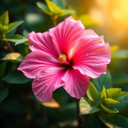 A beautifully rendered image of a flower, specifically a delicate and vibrant pink hibiscus with dew drops on its petals