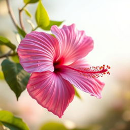 A beautifully rendered image of a flower, specifically a delicate and vibrant pink hibiscus with dew drops on its petals