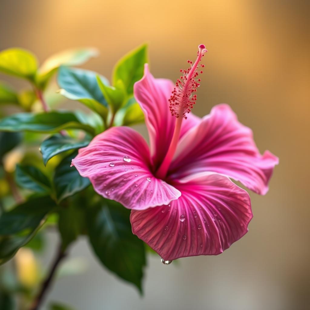 A beautifully rendered image of a flower, specifically a delicate and vibrant pink hibiscus with dew drops on its petals