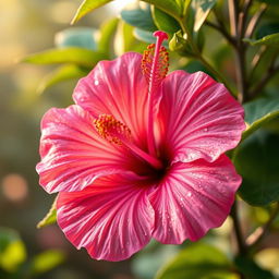 A beautifully rendered image of a flower, specifically a delicate and vibrant pink hibiscus with dew drops on its petals