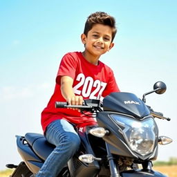 A young boy sitting on a black Max bike, wearing a vibrant red t-shirt with a visible brand logo