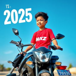 A young boy sitting on a black Max bike, wearing a vibrant red t-shirt with a visible brand logo