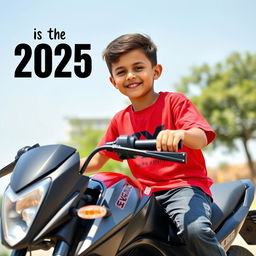 A young boy sitting on a black Max bike, wearing a vibrant red t-shirt with a visible brand logo