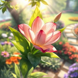 A beautifully rendered artistic illustration of a blooming flower in vibrant colors, displayed in a natural setting