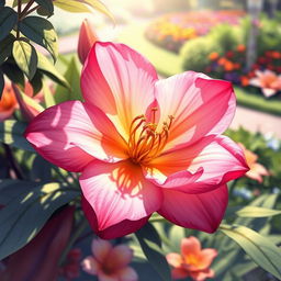 A beautifully rendered artistic illustration of a blooming flower in vibrant colors, displayed in a natural setting