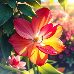 A beautifully rendered artistic illustration of a blooming flower in vibrant colors, displayed in a natural setting