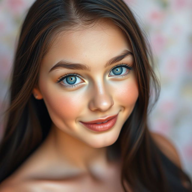 A stunning portrait of a young woman with mesmerizing bright blue eyes wide open, showcasing her beautiful features