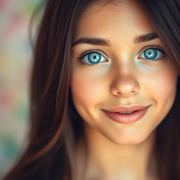 A stunning portrait of a young woman with mesmerizing bright blue eyes wide open, showcasing her beautiful features