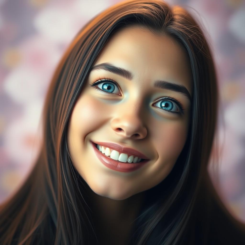 A stunning portrait of a young woman with mesmerizing bright blue eyes wide open, showcasing her beautiful features