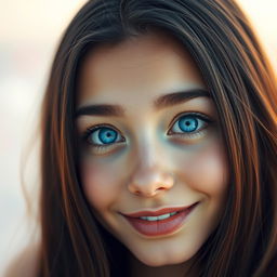 A stunning portrait of a young woman with mesmerizing bright blue eyes wide open, showcasing her beautiful features