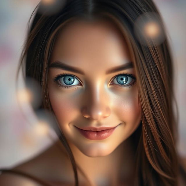 A stunning portrait of a young woman with mesmerizing bright blue eyes wide open, showcasing her beautiful features