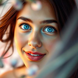 A stunning portrait of a young woman with mesmerizing bright blue eyes wide open, showcasing her beautiful features